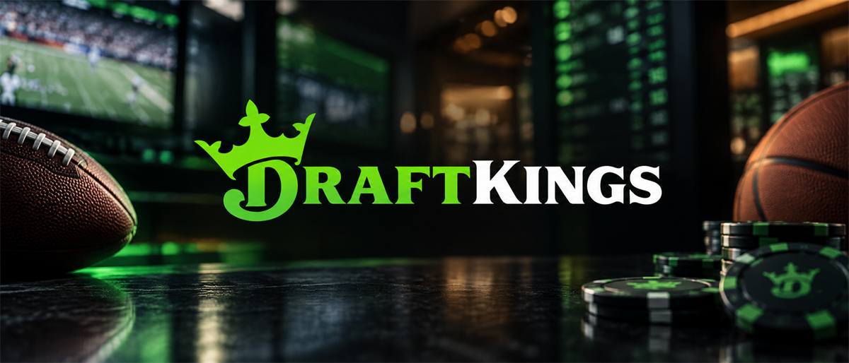 DraftKings logo displayed with a football, basketball, and poker chips on a dark sportsbook-themed background.