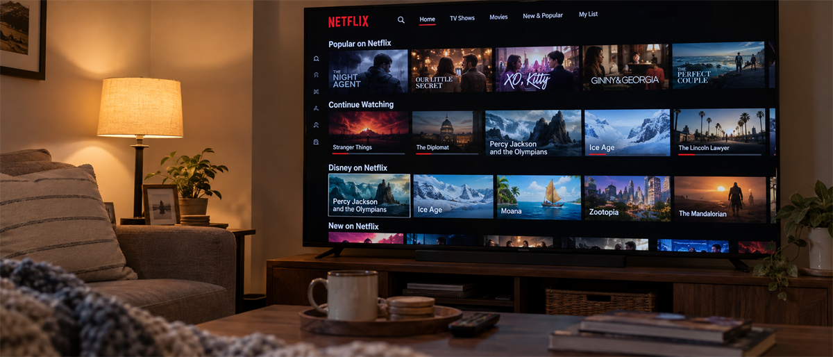 Television displaying the Netflix home screen with show rows in a living room with a lamp and couch.