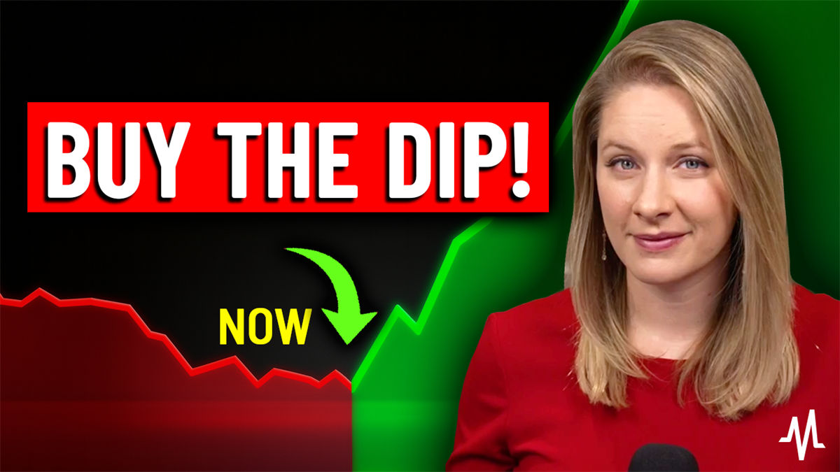 A declining-to-rising stock chart graphic, and text reading "Buy the Dip" and "Now".