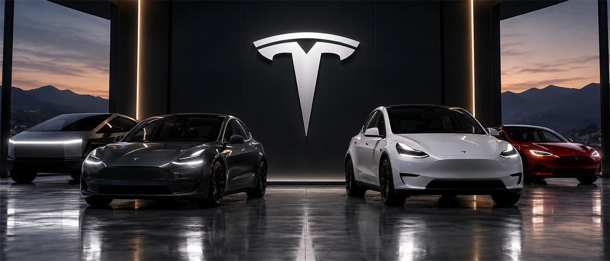 Four Tesla vehicles, including the Cybertruck and Model Y, displayed beneath an illuminated Tesla logo in a showroom.