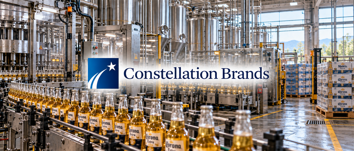 Constellation Brands logo over a bottling facility with Corona Extra bottles on a conveyor line.