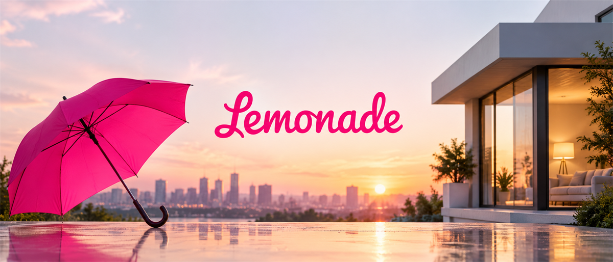 Lemonade company logo with a pink umbrella beside a modern house overlooking a city skyline at sunset.