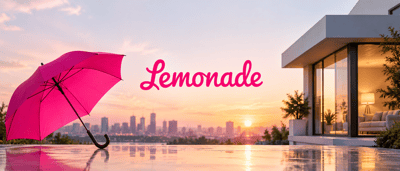 Lemonade company logo with a pink umbrella beside a modern house overlooking a city skyline at sunset.
