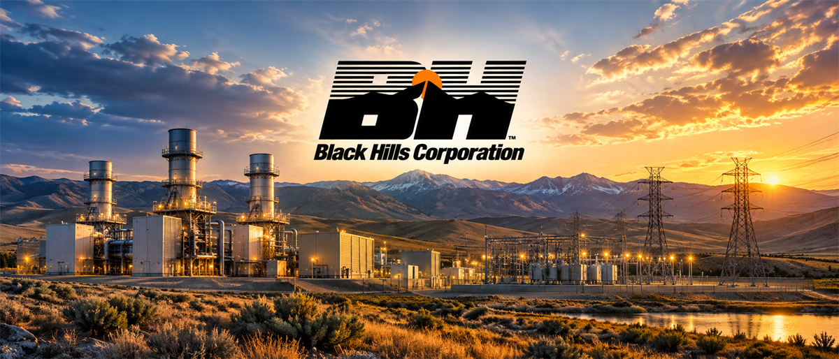 Black Hills Corporation logo over a power plant with electrical transmission towers at sunset.