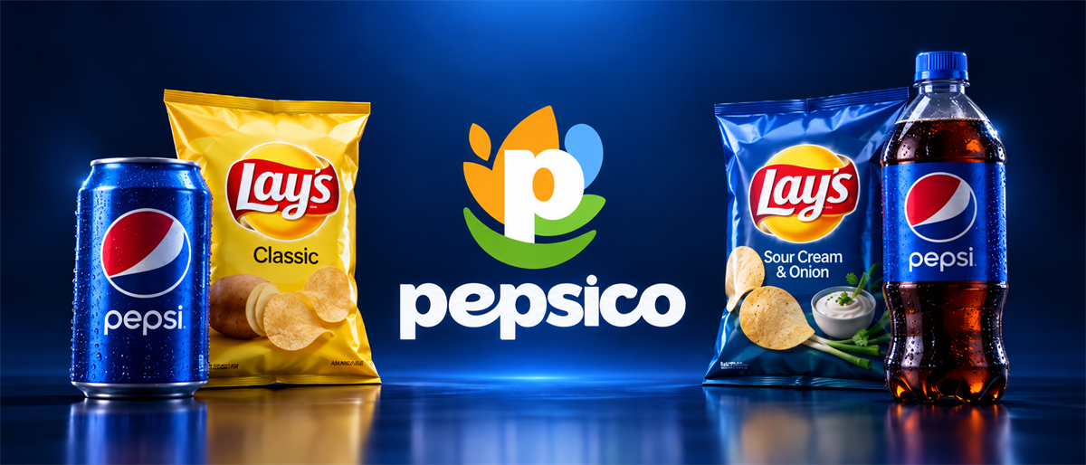 PepsiCo logo with a Pepsi can, a Pepsi bottle, and two bags of Lay's potato chips.