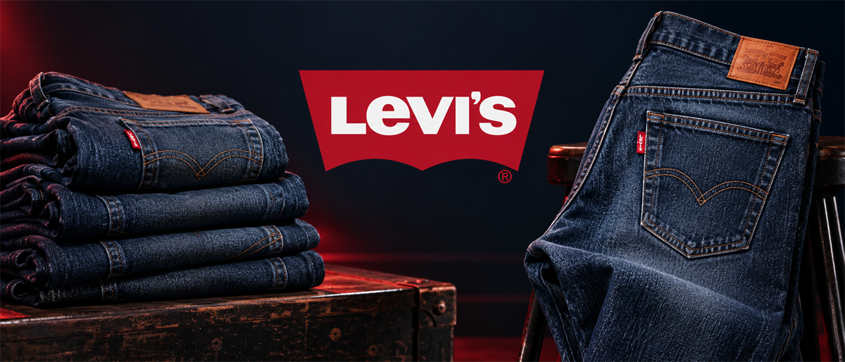 Levi's logo displayed between folded denim jeans and a pair of jeans draped over a chair.