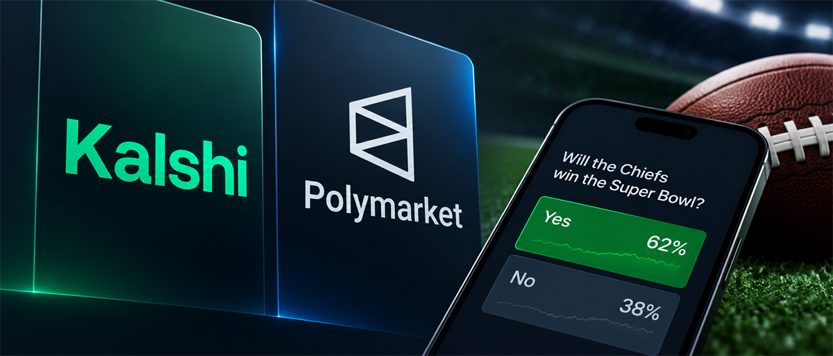 Kalshi and Polymarket logos beside a smartphone showing a prediction market on the Chiefs winning the Super Bowl, with a football in the background.