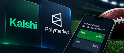 Kalshi and Polymarket logos beside a smartphone showing a prediction market on the Chiefs winning the Super Bowl, with a football in the background.