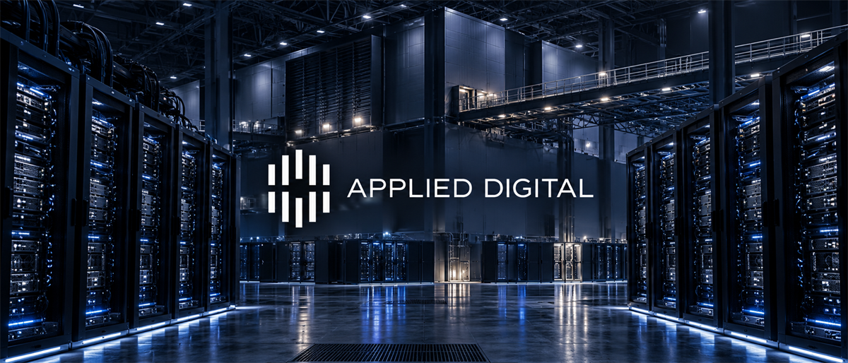 Applied Digital logo overlaid on a data center aisle lined with illuminated server racks.