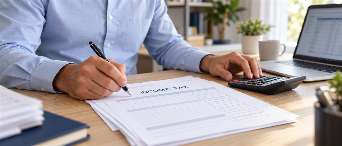 Person reviewing income tax paperwork at a desk with a calculator and laptop.