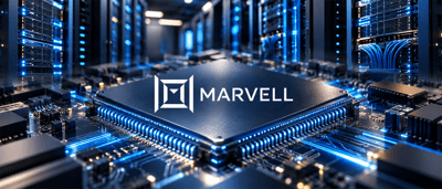 Marvell logo displayed on a computer chip surrounded by illuminated circuit board and data center servers.