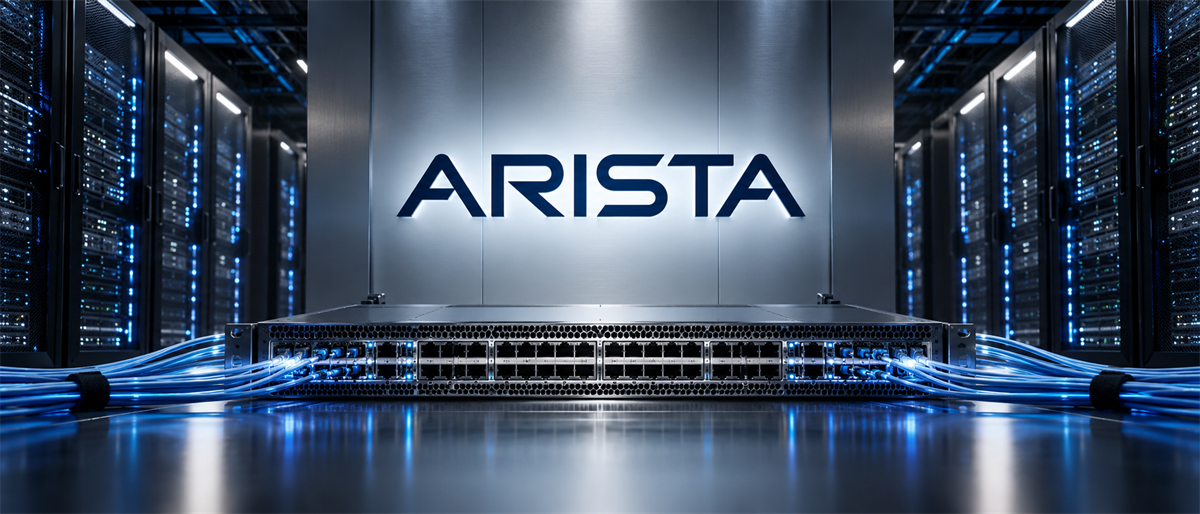 Arista Networks logo above a network switch with illuminated blue cables in a data center server room.