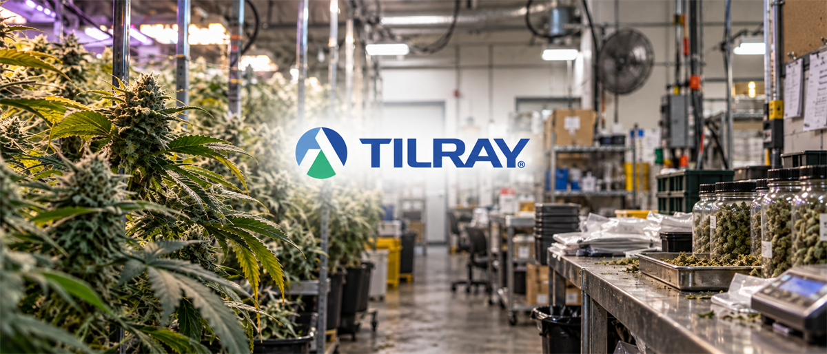 Tilray logo overlaid on a cannabis cultivation and processing facility with plants and packaged product jars.
