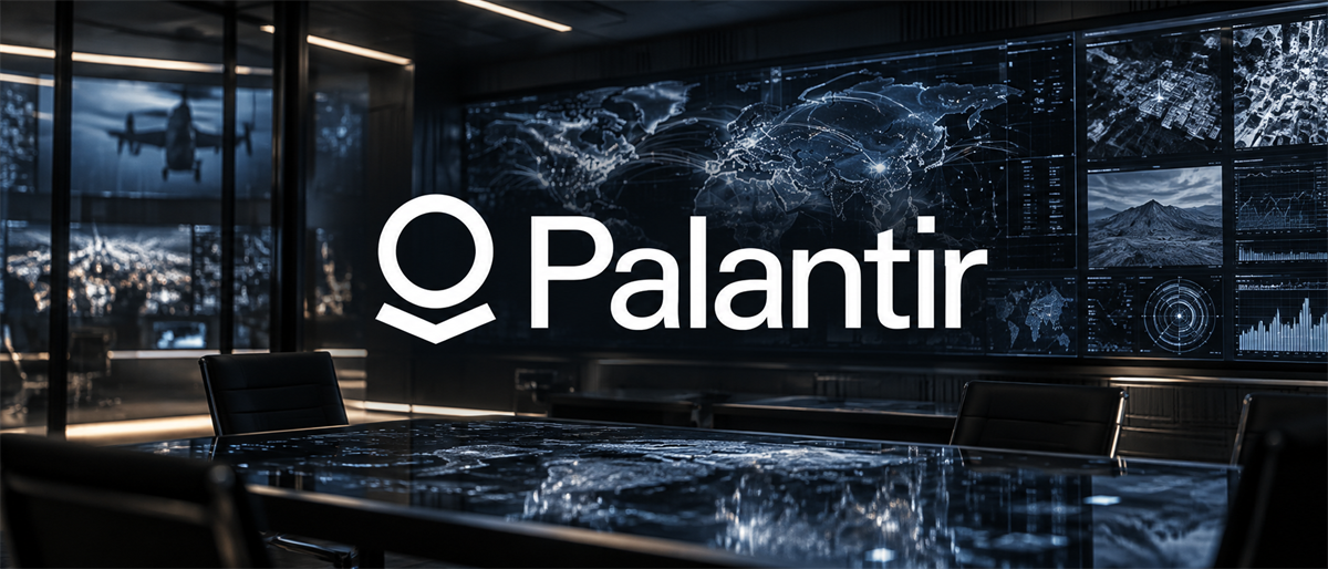 Palantir logo displayed in a dark control room with world map and data visualization screens in the background.