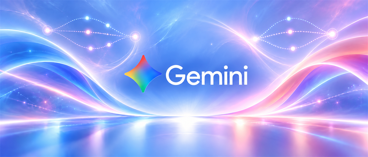 Google's Gemini AI logo displayed against an abstract blue and pink light-wave background.