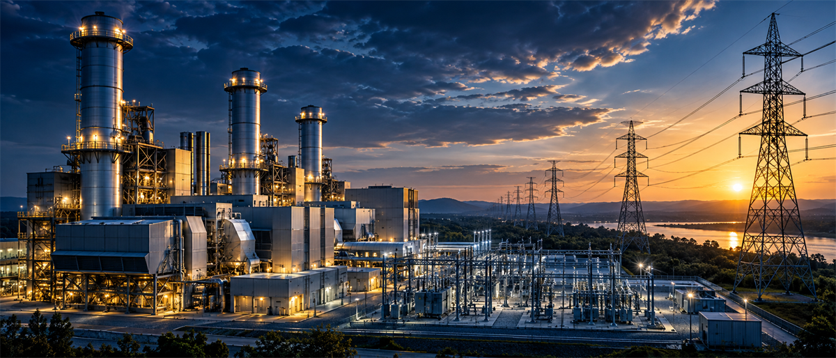 Power plant with illuminated smokestacks and electrical substation beside transmission towers at sunset.