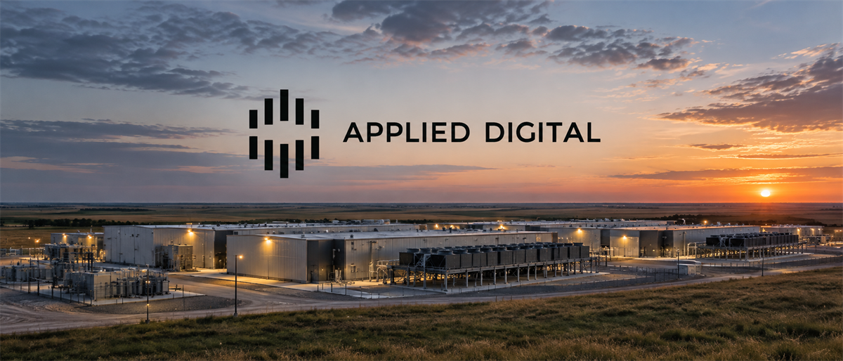 Applied Digital logo overlaid on a data center facility with rows of buildings at sunset.