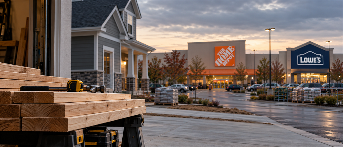 Home Depot and Lowe's store entrances stand side by side near a parking lot, with lumber and tools in foreground.