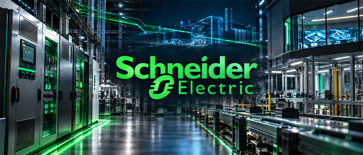 Schneider Electric logo displayed over an illuminated industrial facility with server racks and automated equipment.