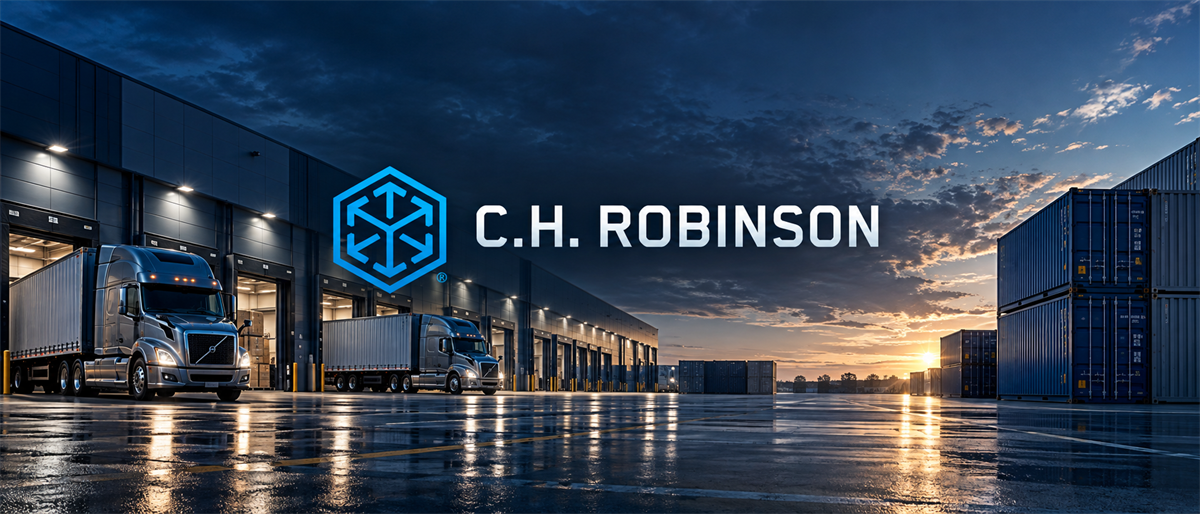 C.H. Robinson logo beside semi trucks at a warehouse loading dock with shipping containers at dusk.