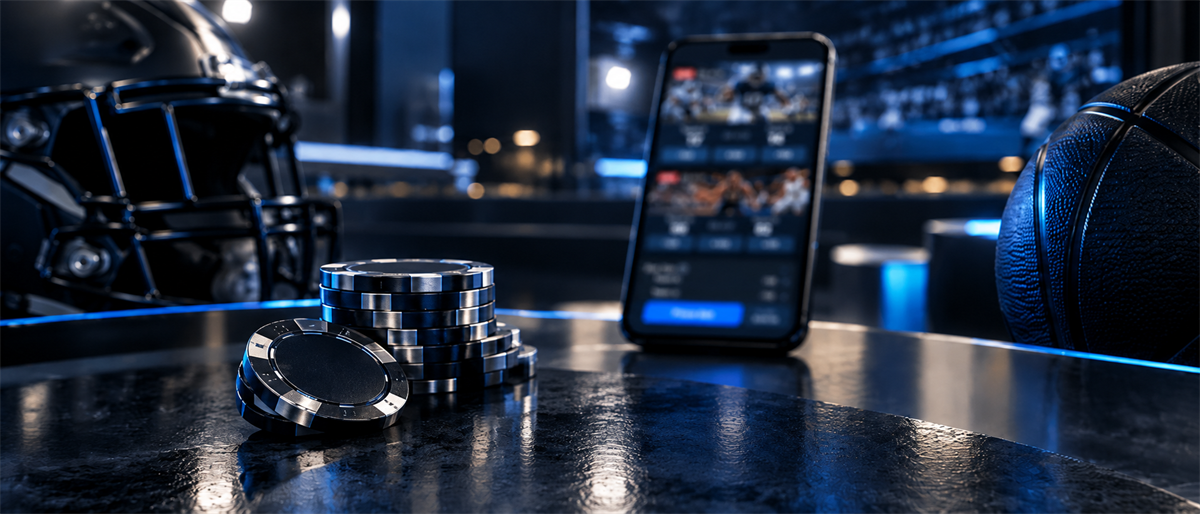 A football helmet, poker chips, basketball, and a smartphone displaying a sports betting app on a dark table.