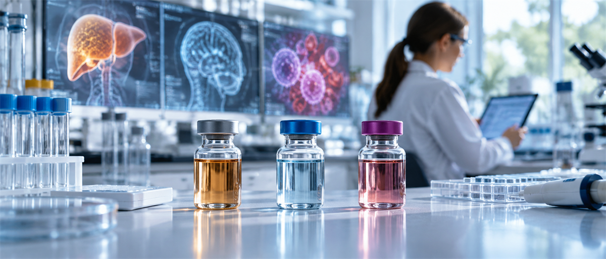 Lab vials with colored liquids on a counter while a researcher reviews data near screens showing anatomical and virus imagery.