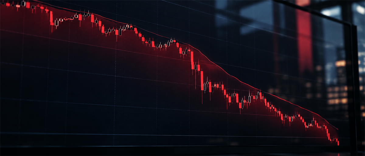 Digital screen displays a red candlestick stock chart trending downward, illustrating a declining market against a city skyline.