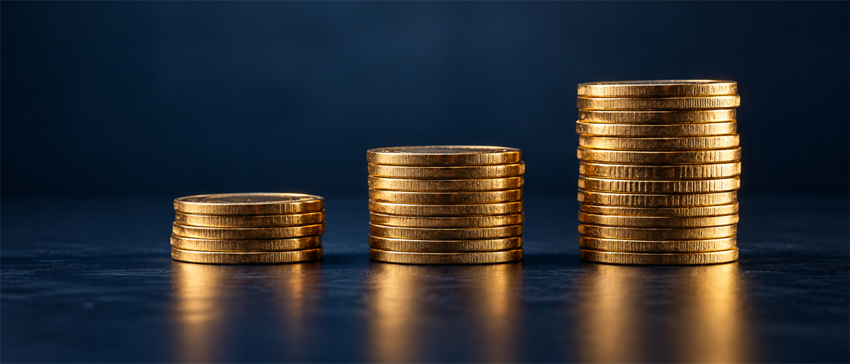 Three ascending stacks of gold coins arranged in increasing height against a dark blue background.
