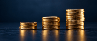 Three ascending stacks of gold coins arranged in increasing height against a dark blue background.