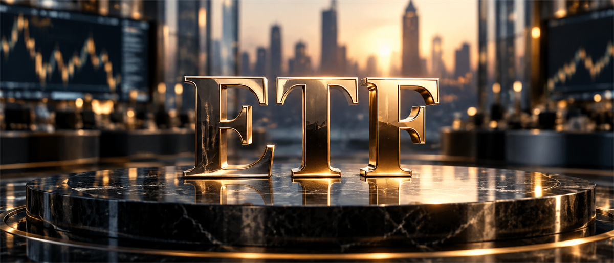 Illustration of large metallic letters spelling ETF on a pedestal with a city skyline and stock charts in the background.