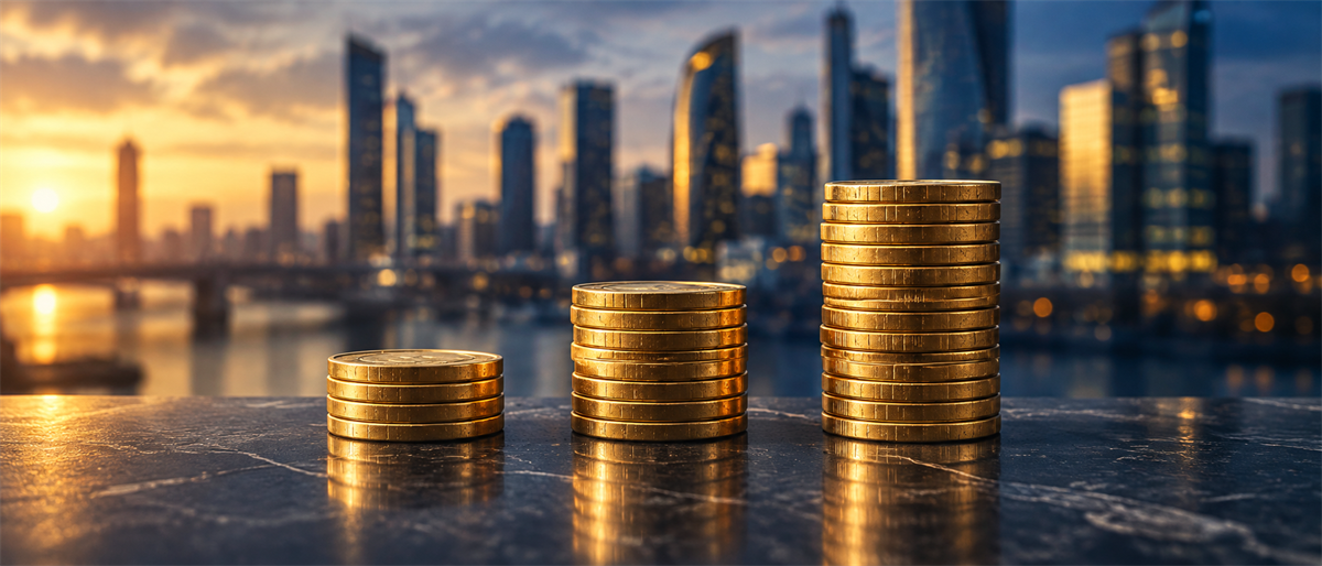 Three ascending stacks of gold coins on a dark surface with a city skyline at dusk in the background.