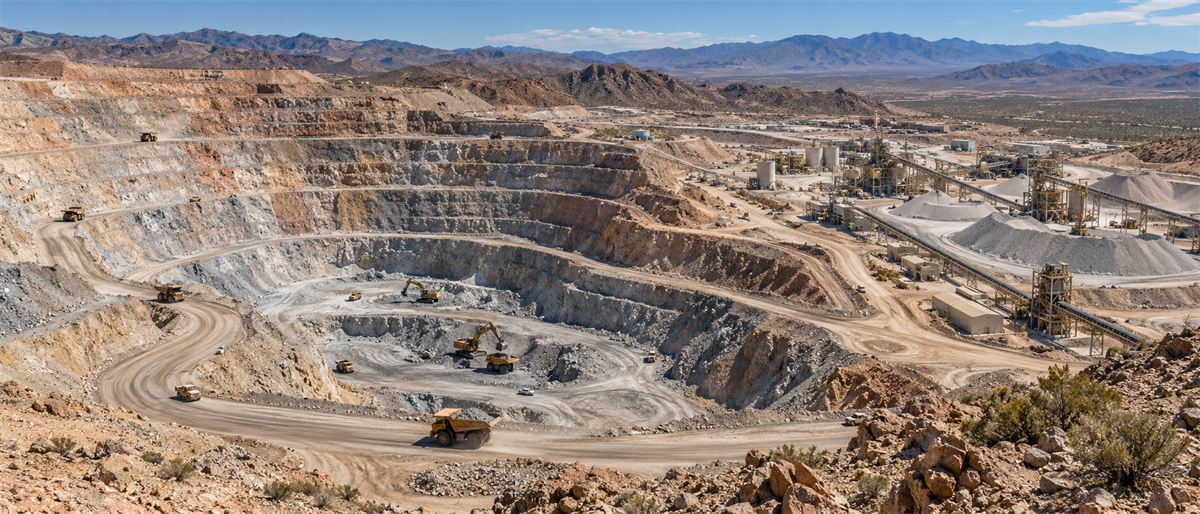 Aerial view of an open-pit mine with haul trucks and excavators, with a processing plant and mountains in the background.