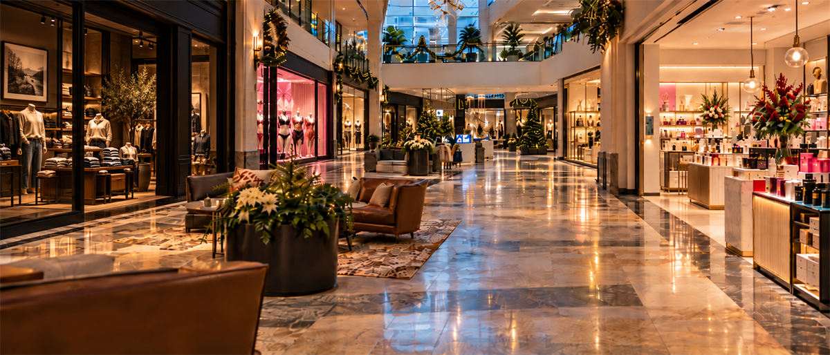Interior of an upscale shopping mall with marble floors, retail storefronts, and holiday decorations on display.