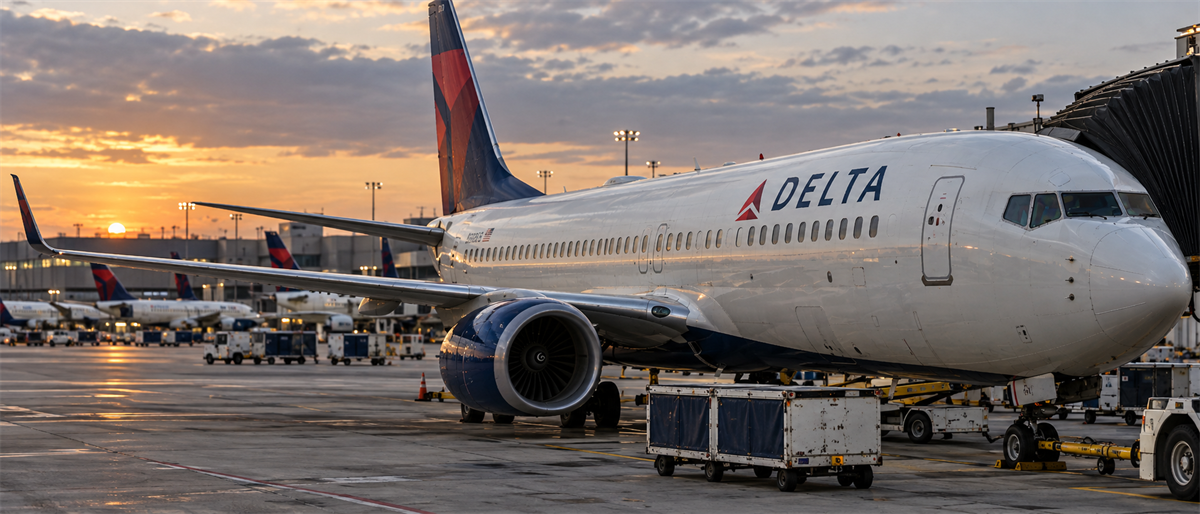 A Delta Air Lines jet parked at an airport gate with baggage carts nearby during sunset.
