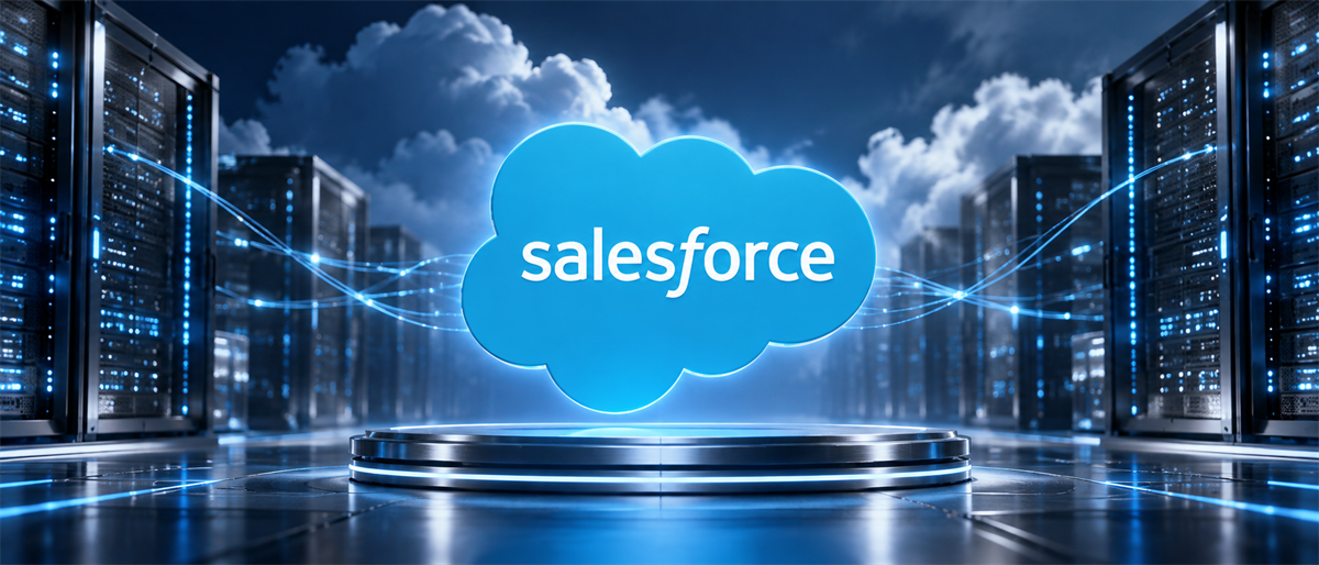 Illustration of the Salesforce cloud logo glowing above a pedestal in a server data center.