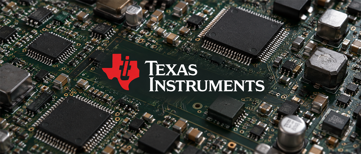 Texas Instruments logo displayed over a close-up of a circuit board with semiconductor chips and components.