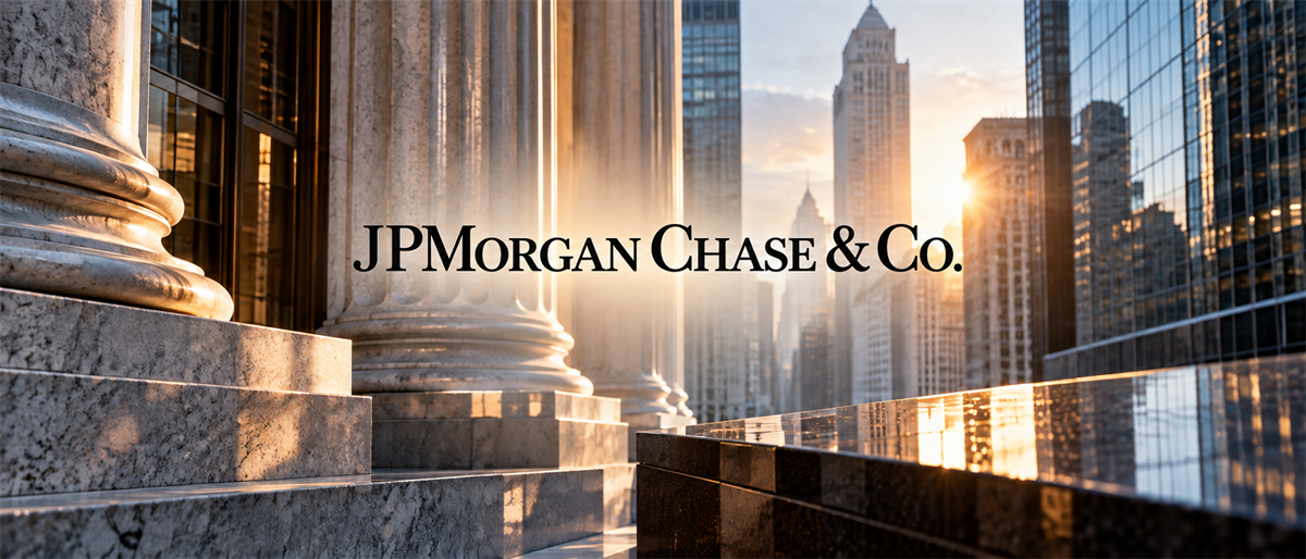 JPMorgan Chase & Co. logo overlaid on a building facade with columns and a city skyline at sunrise.