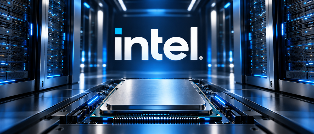 Intel logo illuminated above a computer processor chip in a server data center hallway.