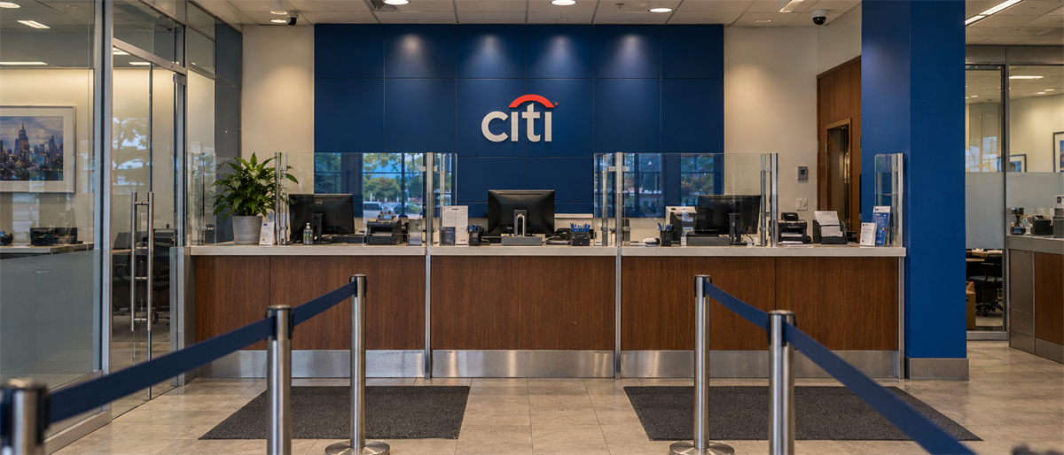 Interior of a Citi bank branch with teller counter, glass partitions, and the Citi logo on a blue wall.