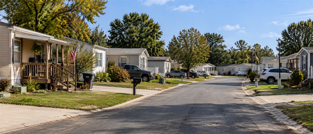 Residential street in a manufactured home community lined with single-story houses, parked vehicles, and mature trees.