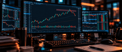 Multiple computer monitors display candlestick stock price charts and trading data at a dimly lit desk setup.