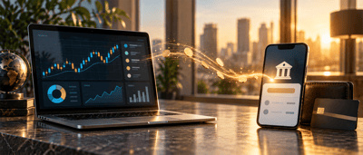Laptop displaying stock price charts and a smartphone with a banking app, connected by a digital coin animation on a desk.