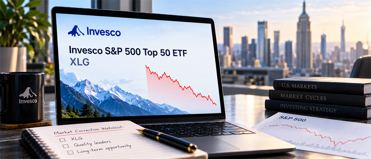 Laptop screen displaying Invesco S&P 500 Top 50 ETF (XLG) with a declining price chart, beside a market correction watchlist notepad.