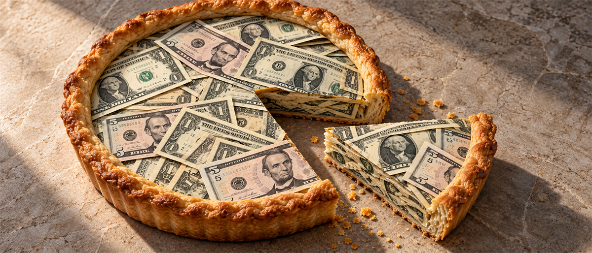 A pie baked with one-dollar and five-dollar bills inside, with one slice cut out, symbolizing profit sharing.