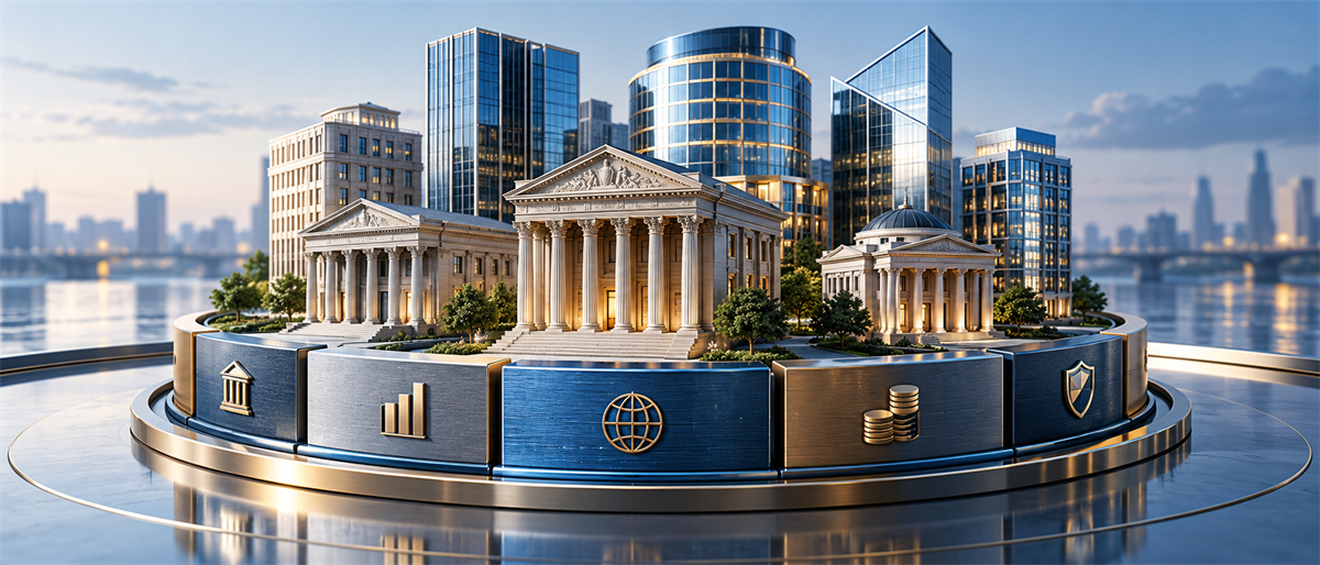 Illustration of classical bank buildings and modern skyscrapers on a platform with finance-related icons like charts and coins.