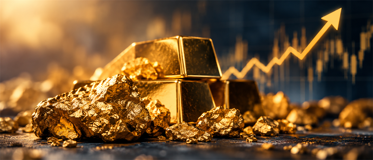 Gold bars and raw nuggets with an upward-trending arrow and candlestick chart in the background.
