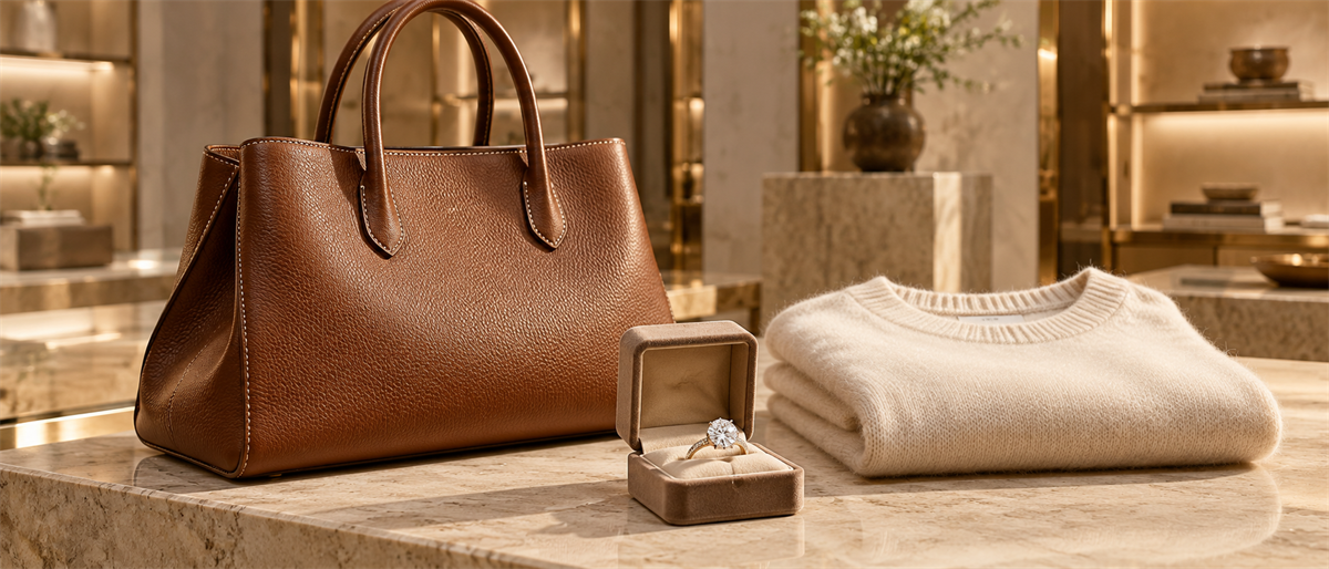 A brown leather handbag, diamond ring in a jewelry box, and folded sweater displayed on a luxury store counter.