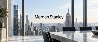 Morgan Stanley logo displayed in a conference room overlooking the Empire State Building and New York City skyline.
