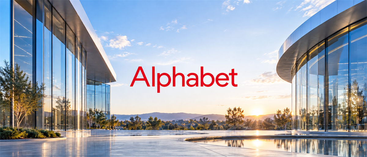 Alphabet logo displayed over a modern glass office campus with a reflecting pool at sunset.