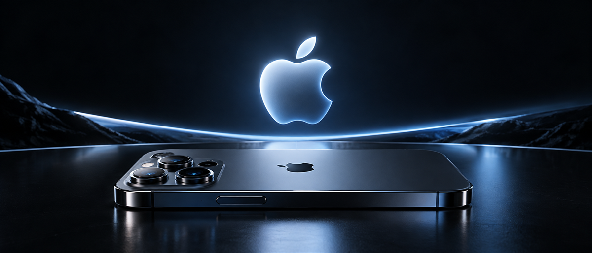 An iPhone with multiple camera lenses rests on a dark surface beneath a glowing Apple logo.